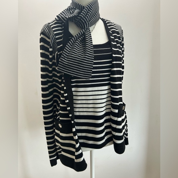 Carlisle Steinway Black and White Striped Cardigan Sweater Set with Scarf Sz L